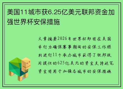 美国11城市获6.25亿美元联邦资金加强世界杯安保措施 美国11城市获6.25亿美元联邦资金加强世界杯安保措施
